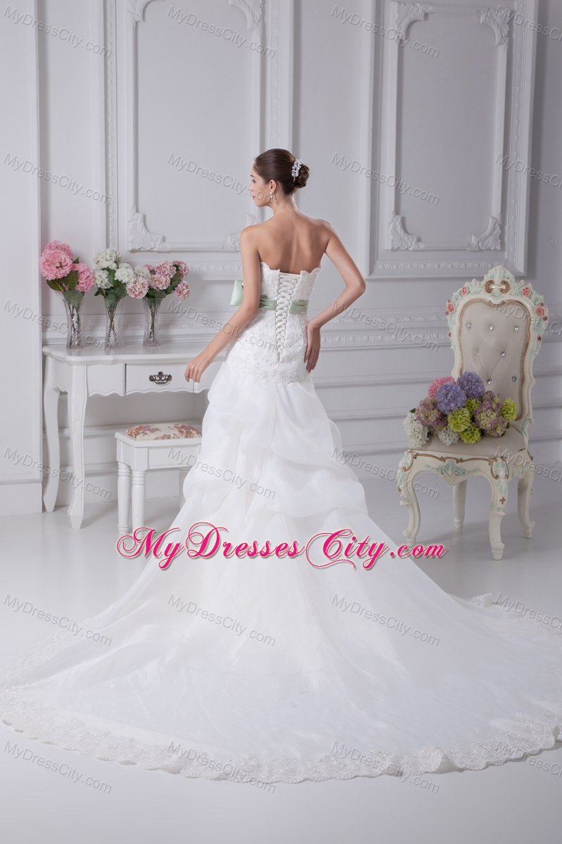 Mermaid Strapless Lace Pick-ups Wedding Dress with Sash