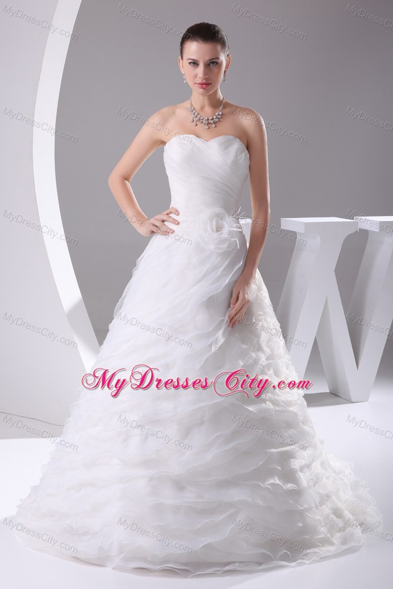 Pick-ups Organza Sweetheart Ruches Flowers Wedding Dress