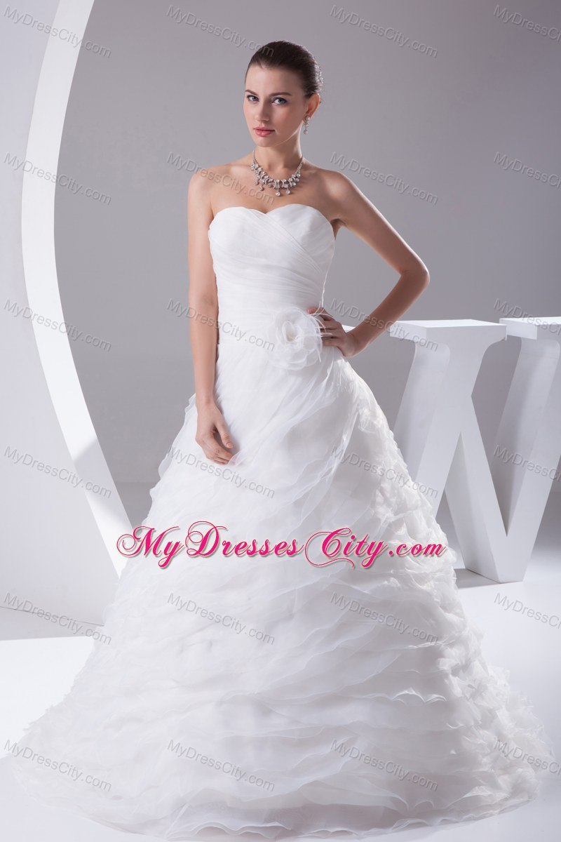 Pick-ups Organza Sweetheart Ruches Flowers Wedding Dress