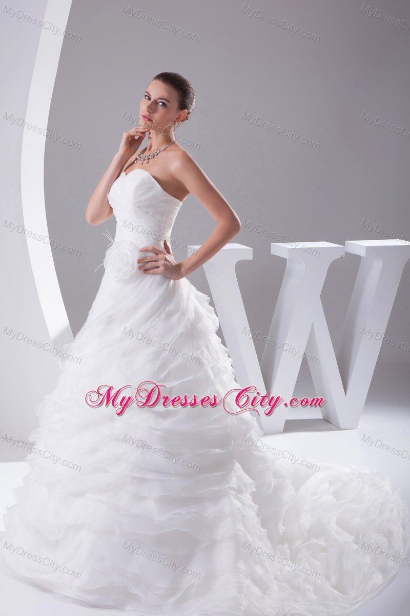 Pick-ups Organza Sweetheart Ruches Flowers Wedding Dress