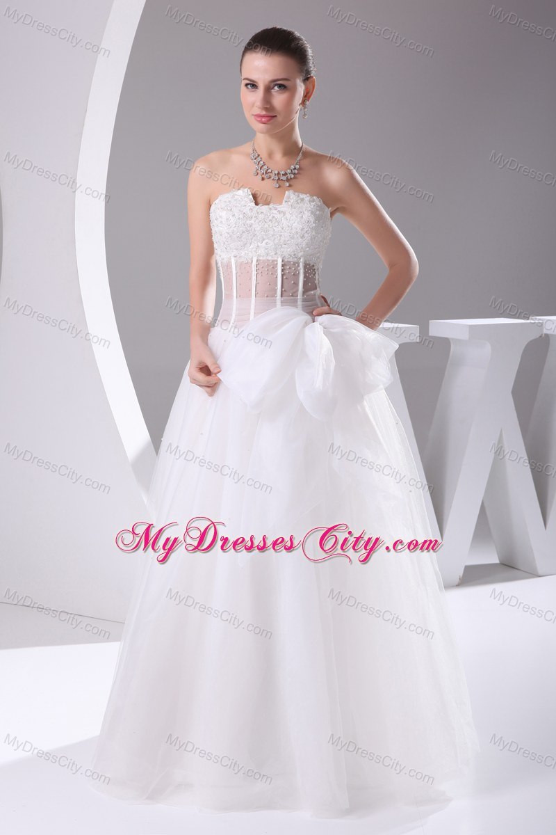 Elegant Strapless Transparent Appliques 2013 Bow Wedding Dress