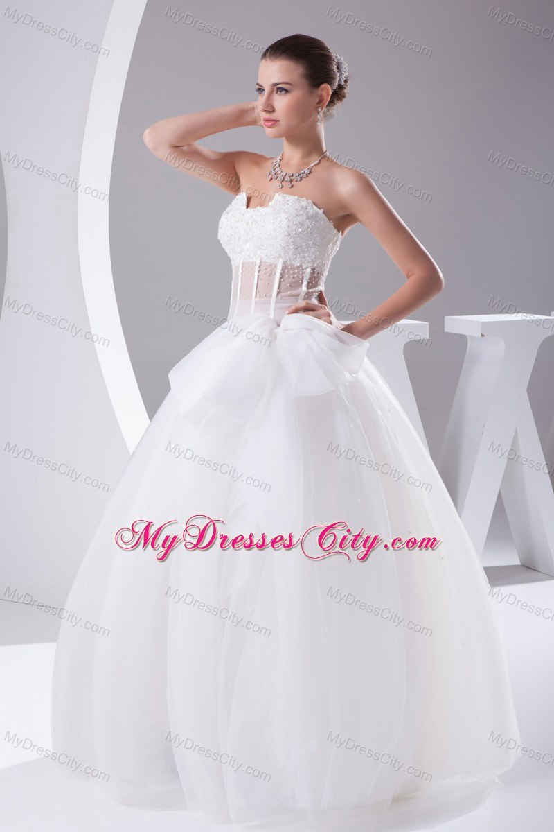 Elegant Strapless Transparent Appliques 2013 Bow Wedding Dress