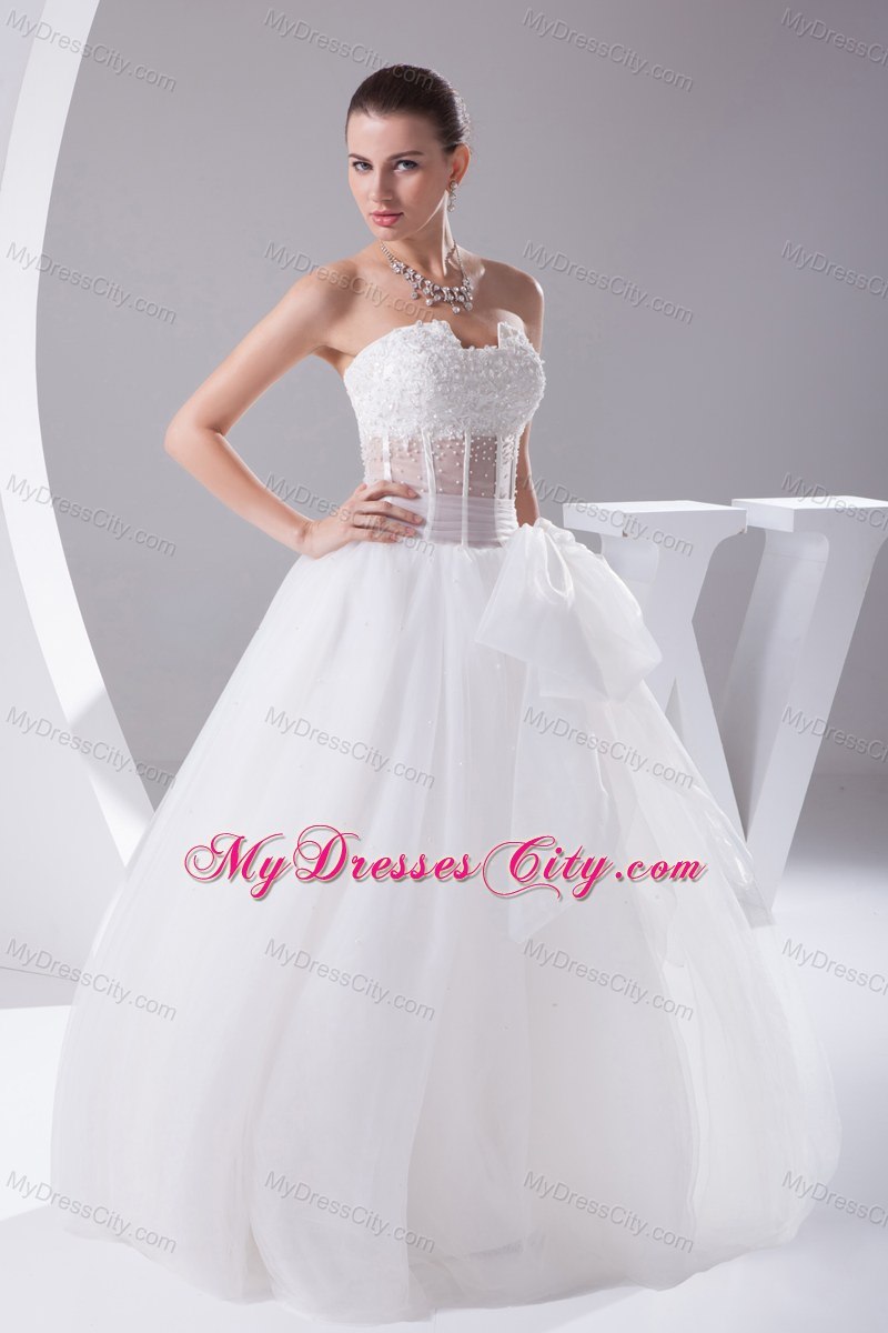 Elegant Strapless Transparent Appliques 2013 Bow Wedding Dress