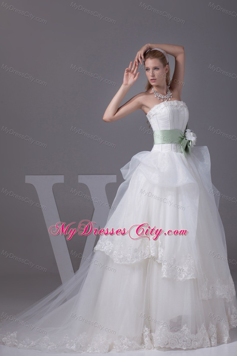 Lace Sash Flowers Wedding Gowns with Ruffled Layers in 2013