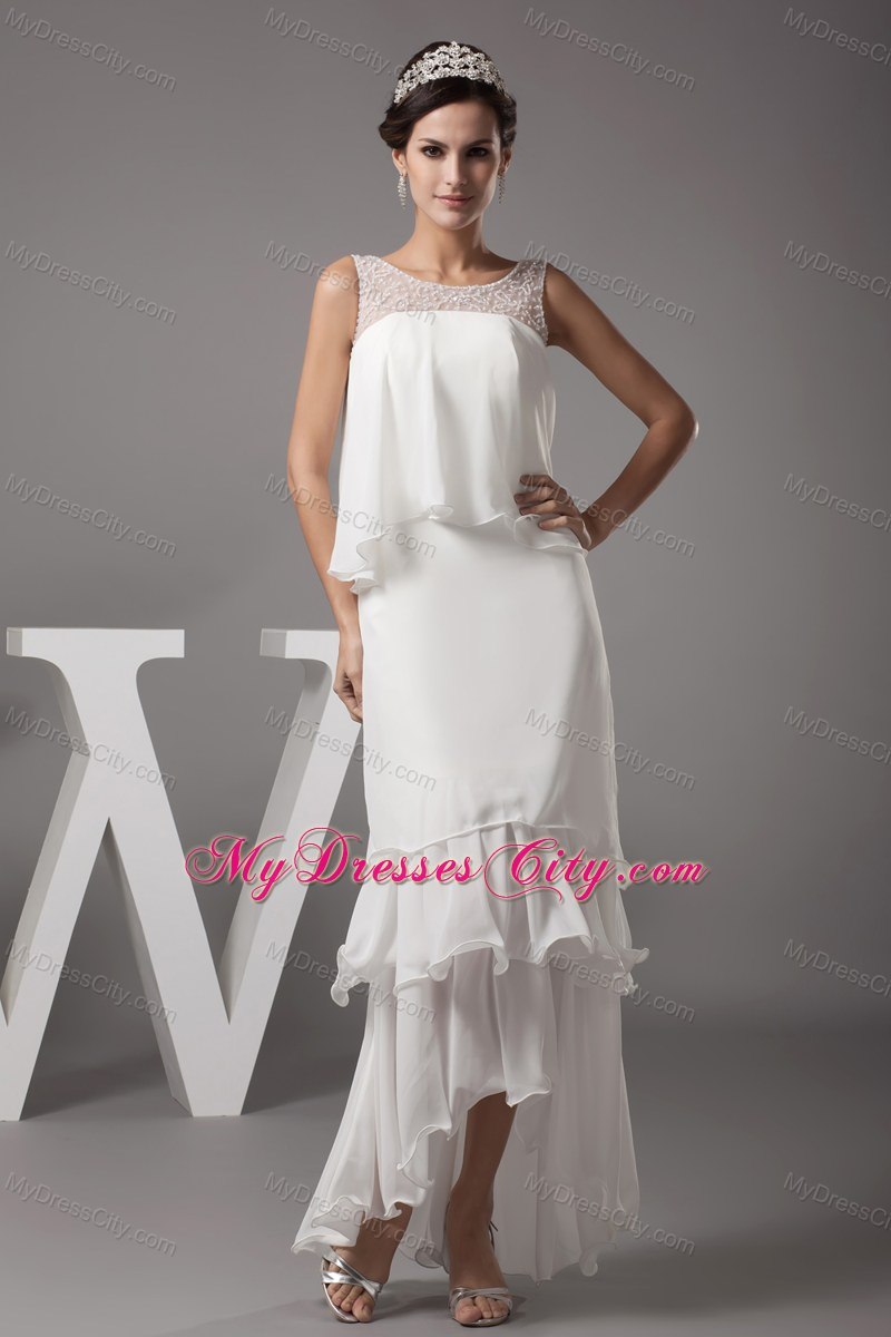 Simple Beading Scoop High-low Ruffled Layers Wedding Dress