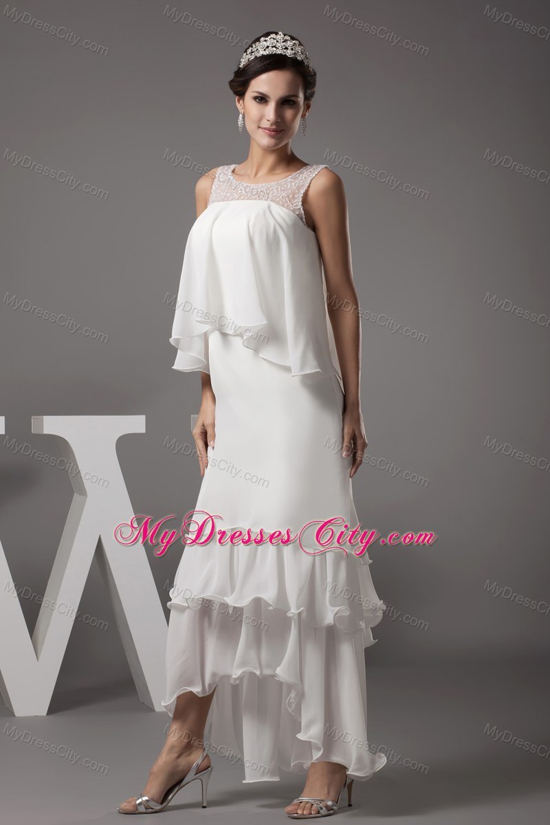 Simple Beading Scoop High-low Ruffled Layers Wedding Dress