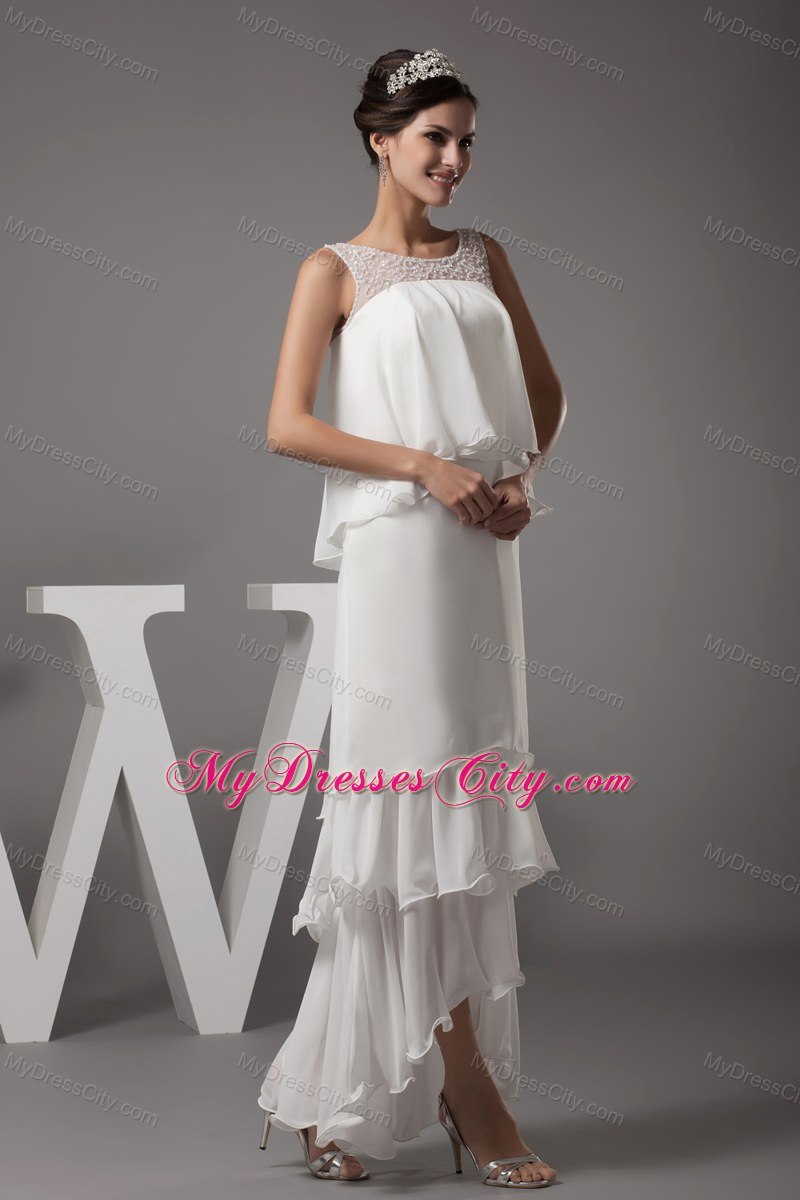 Simple Beading Scoop High-low Ruffled Layers Wedding Dress