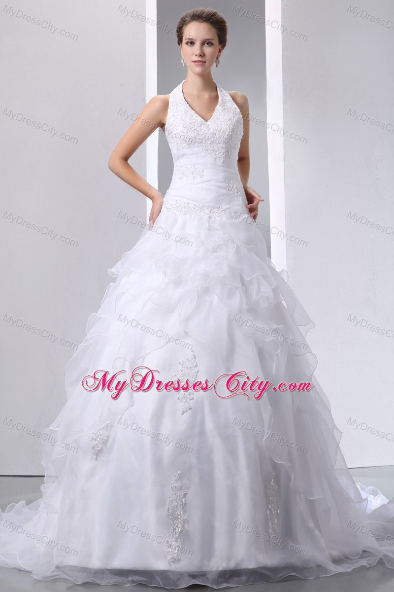 Elegant Halter Ruffled Layers Tulle Appliques 2013 Wedding Dress