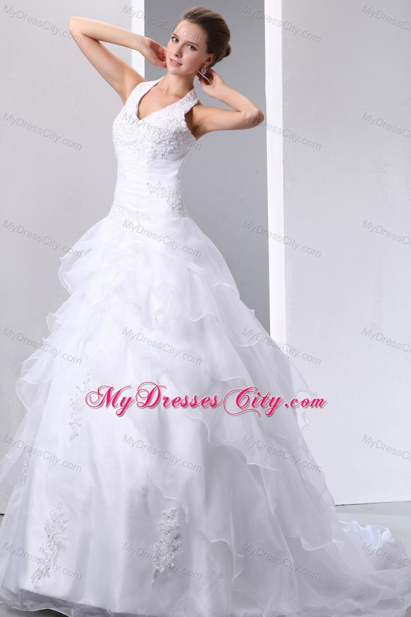 Elegant Halter Ruffled Layers Tulle Appliques 2013 Wedding Dress