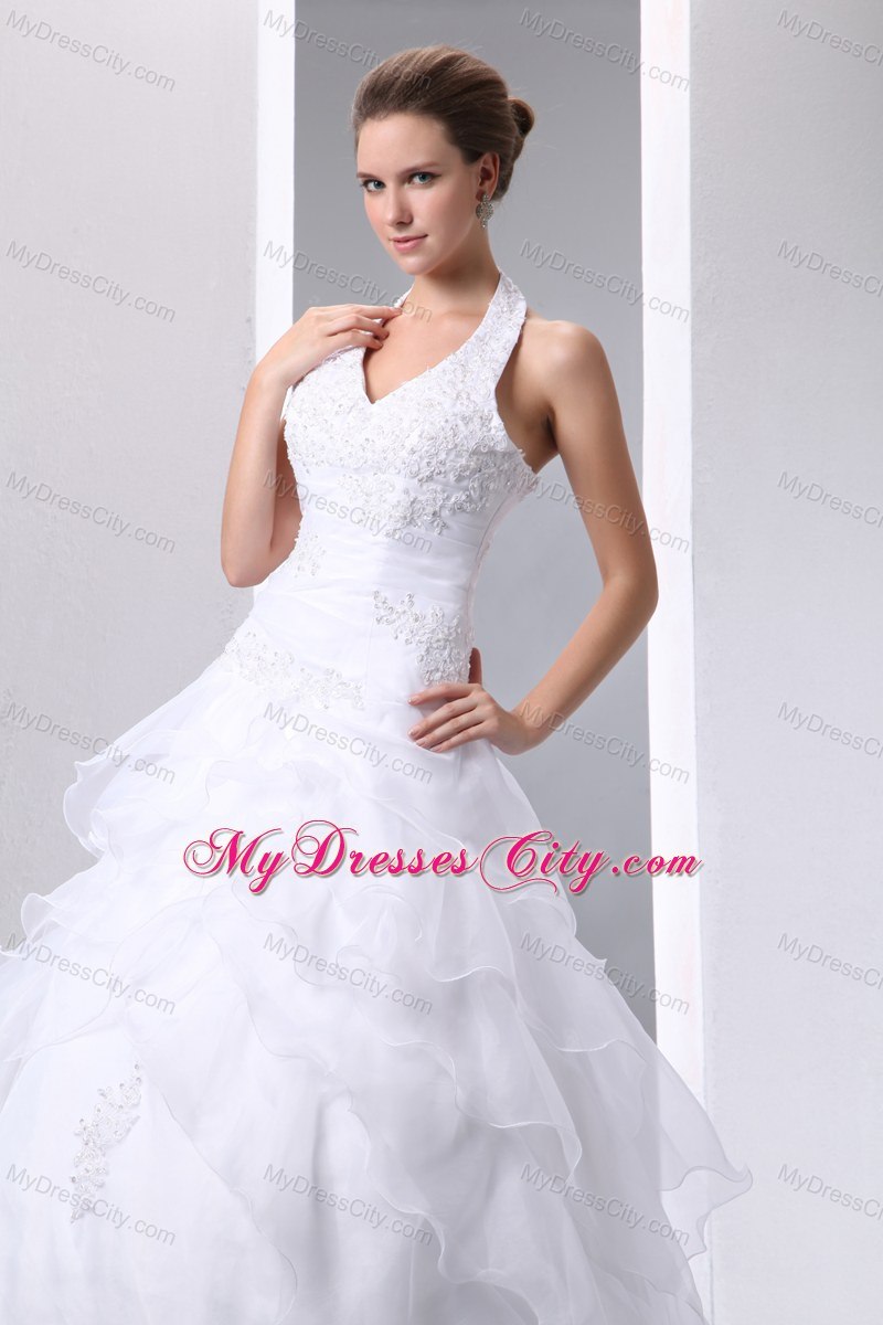 Elegant Halter Ruffled Layers Tulle Appliques 2013 Wedding Dress