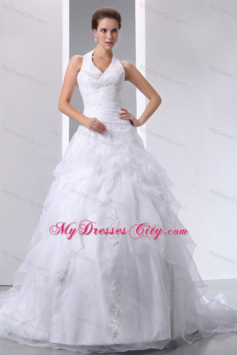 Elegant Halter Ruffled Layers Tulle Appliques 2013 Wedding Dress