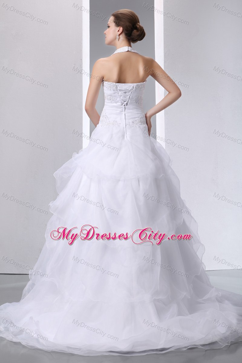 Elegant Halter Ruffled Layers Tulle Appliques 2013 Wedding Dress