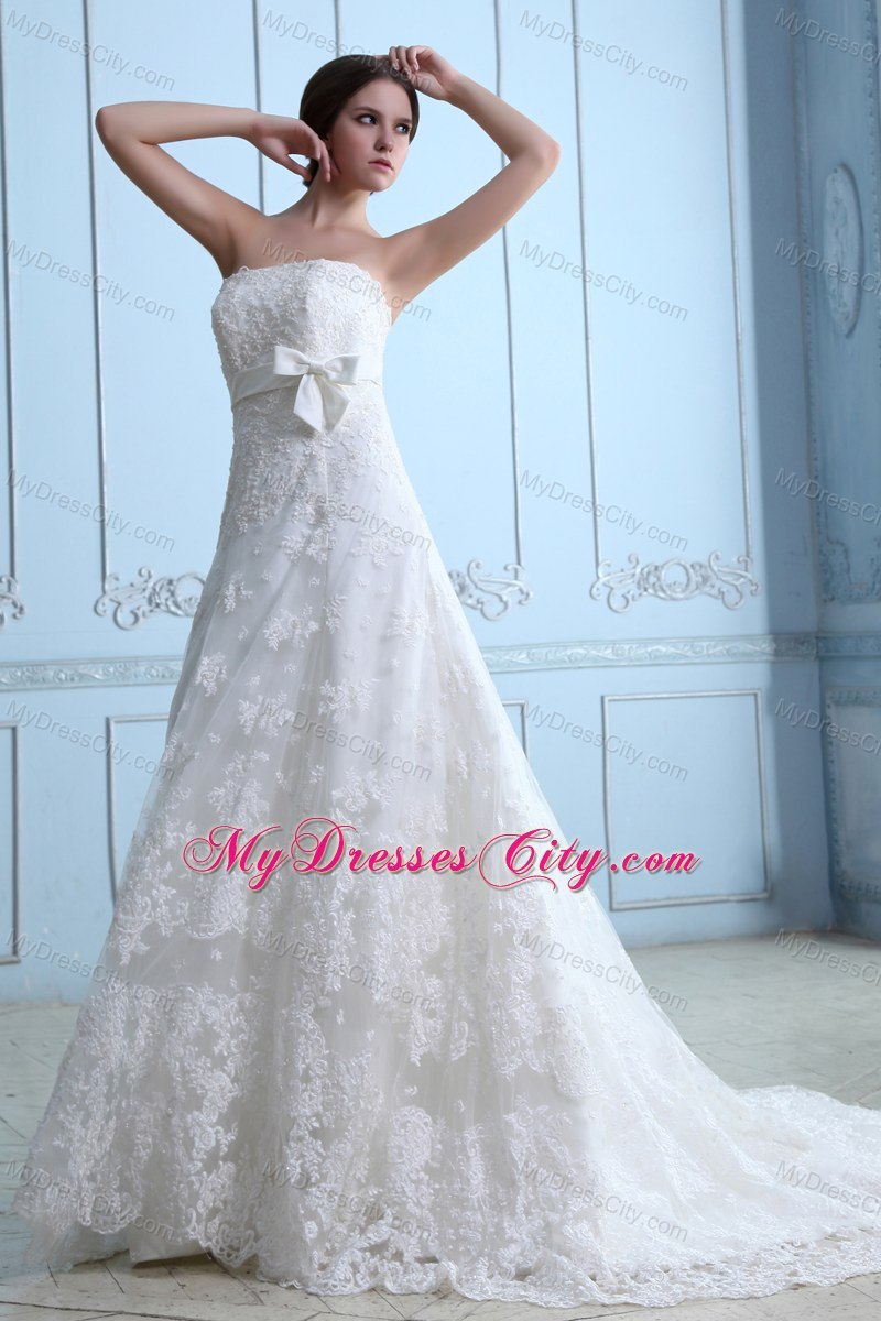 Beautiful Court Train Lace Sash Wedding Dress for Party