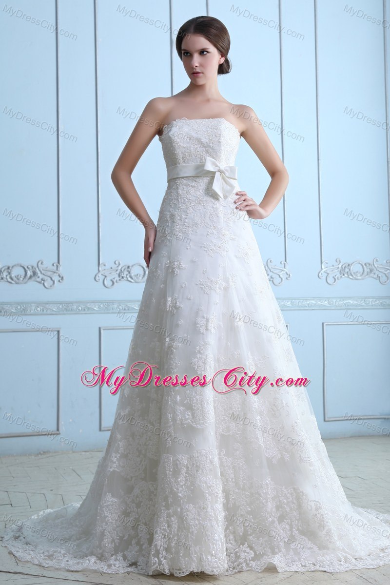 Beautiful Court Train Lace Sash Wedding Dress for Party