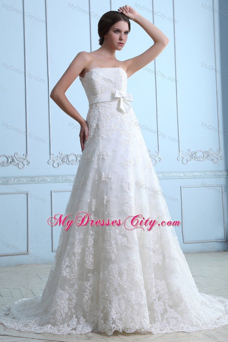 Beautiful Court Train Lace Sash Wedding Dress for Party