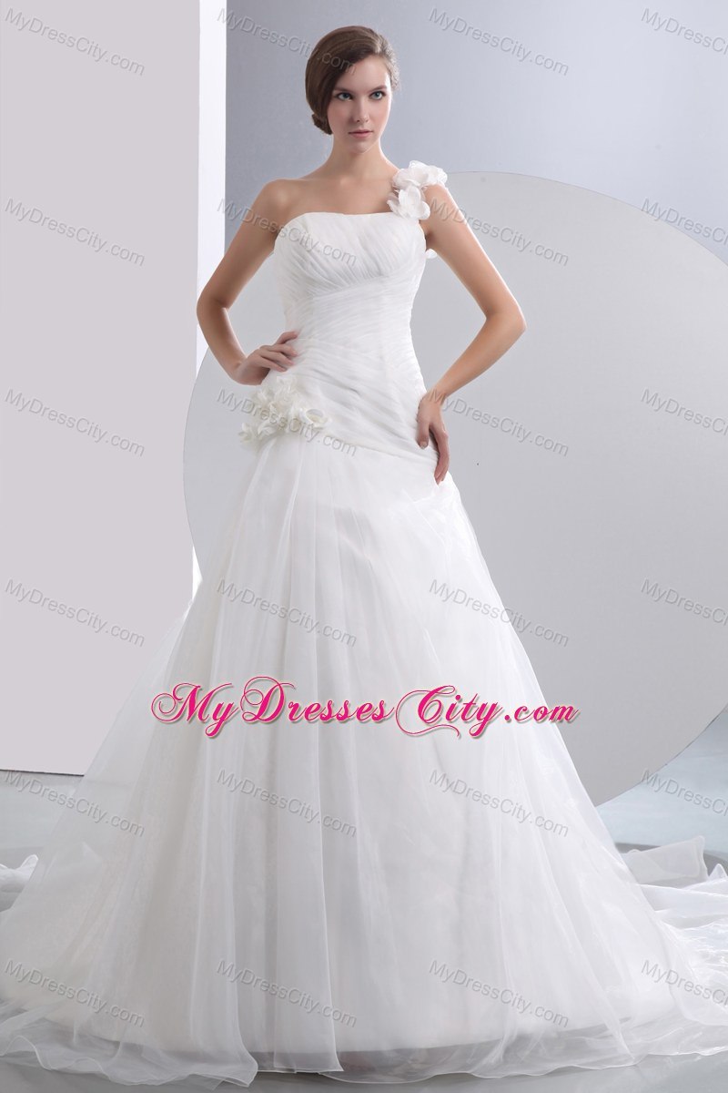 Simple Flowers One Shoulder Organza Ruches Wedding Dress