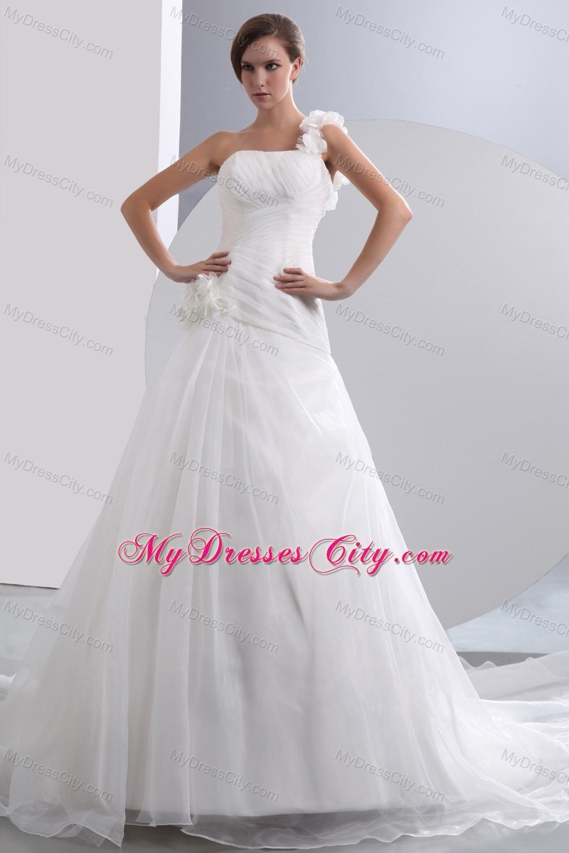 Simple Flowers One Shoulder Organza Ruches Wedding Dress