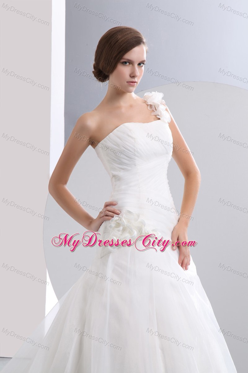 Simple Flowers One Shoulder Organza Ruches Wedding Dress