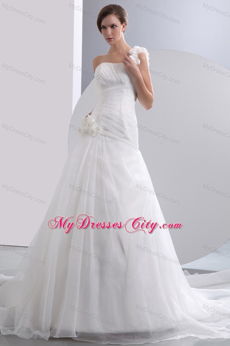 Simple Flowers One Shoulder Organza Ruches Wedding Dress