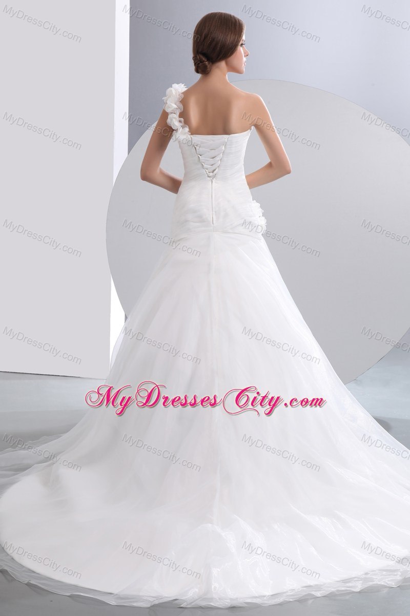 Simple Flowers One Shoulder Organza Ruches Wedding Dress