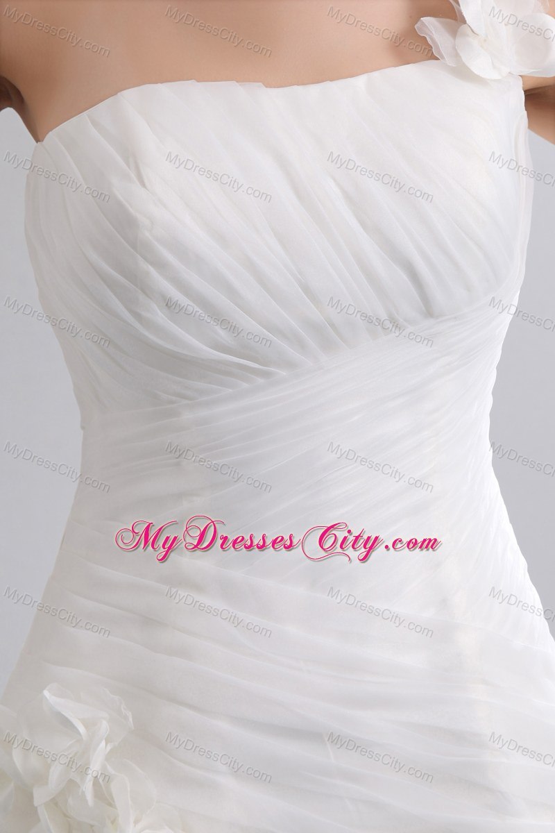 Simple Flowers One Shoulder Organza Ruches Wedding Dress