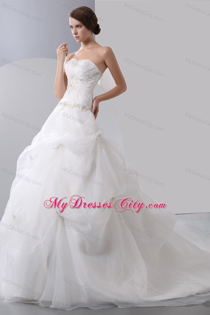 Strapless Organza Appliques Pick-ups 2013 Wedding Dress