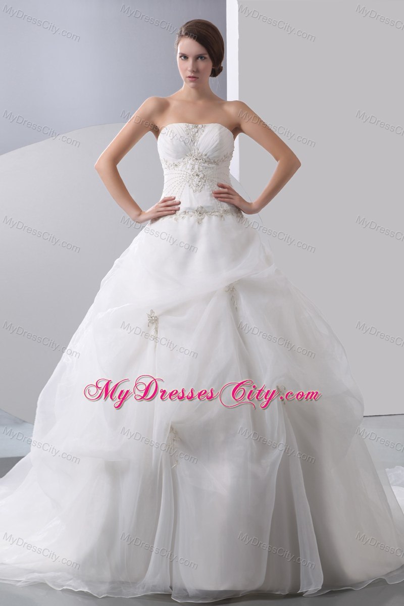 Strapless Organza Appliques Pick-ups 2013 Wedding Dress