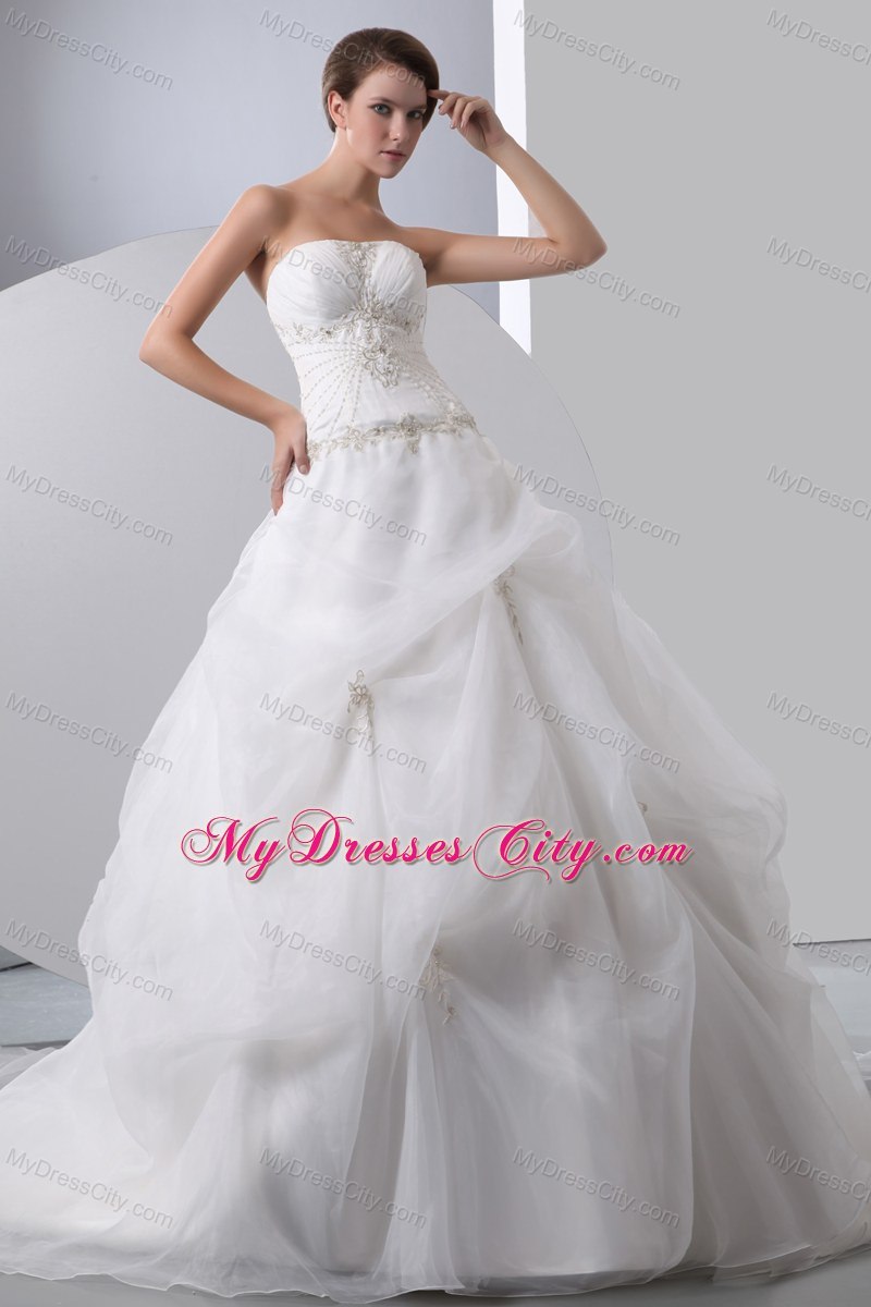 Strapless Organza Appliques Pick-ups 2013 Wedding Dress