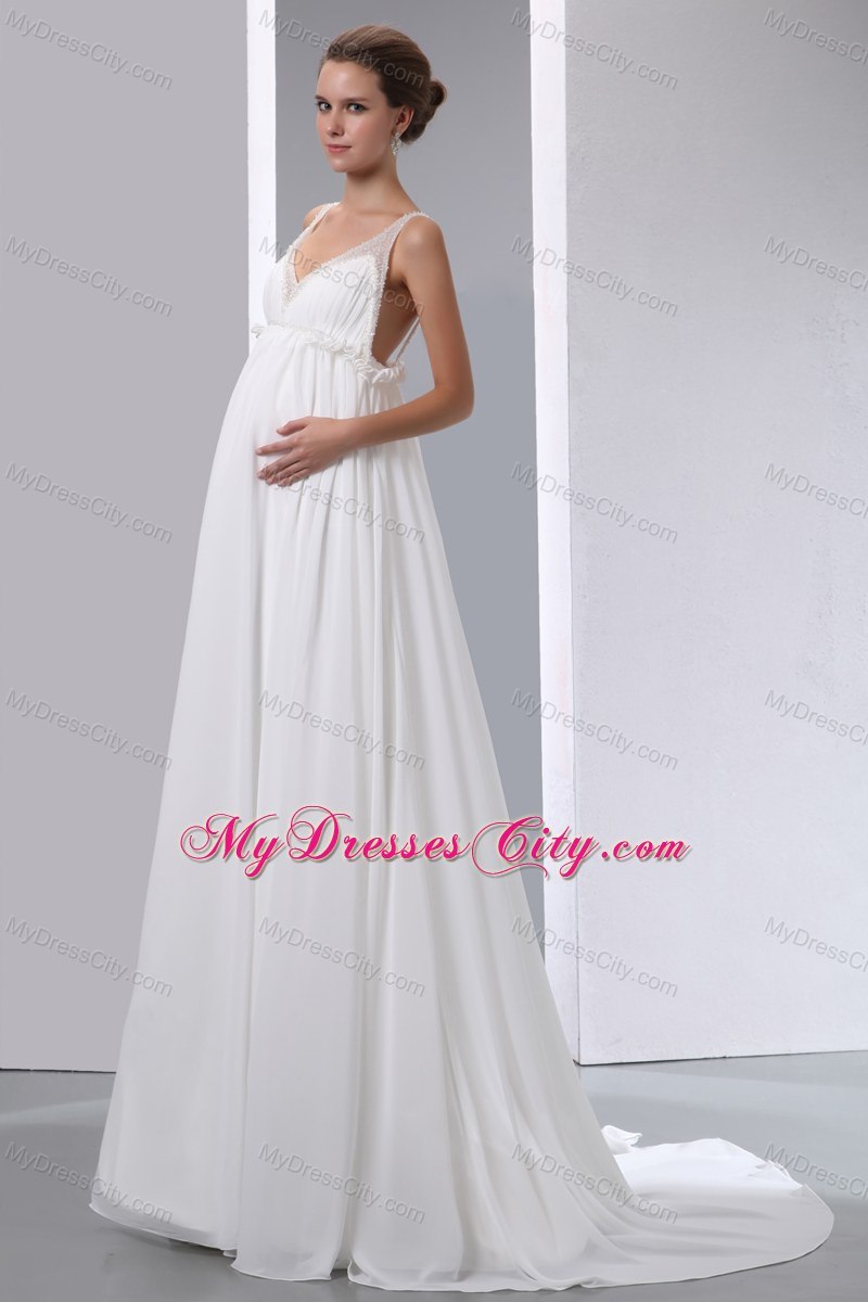 2013 Simple V-neck Backless Chiffon Ruches Wedding Dress