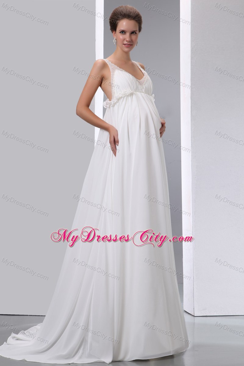 2013 Simple V-neck Backless Chiffon Ruches Wedding Dress