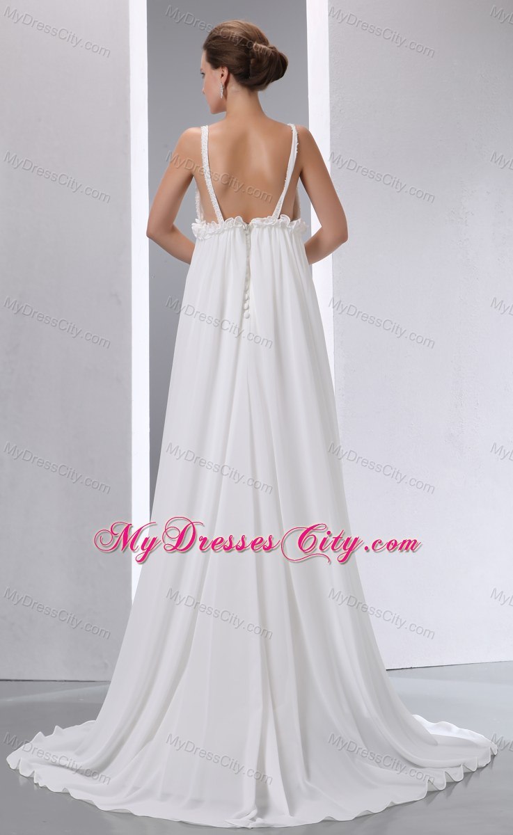 2013 Simple V-neck Backless Chiffon Ruches Wedding Dress