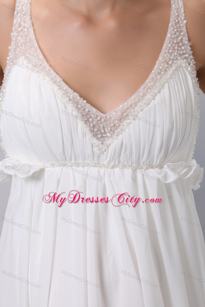 2013 Simple V-neck Backless Chiffon Ruches Wedding Dress