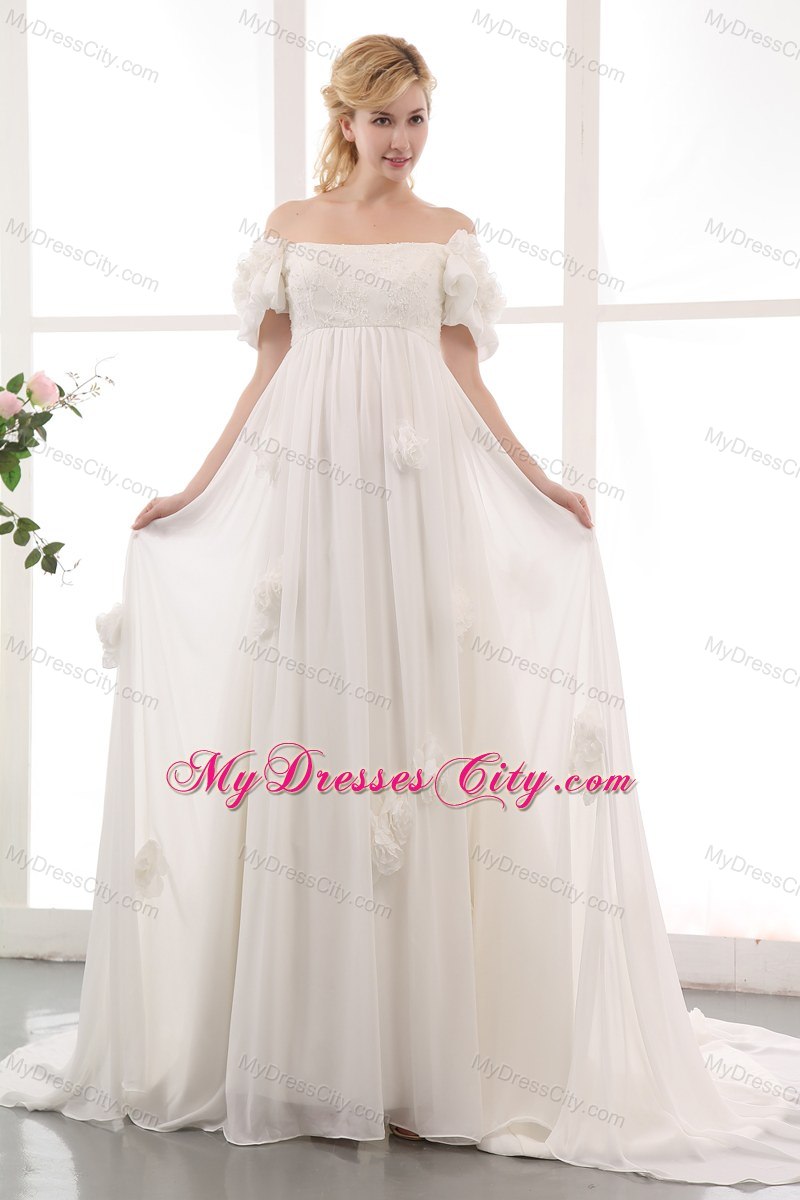 Off The Shoulder Flowers Wedding Gowns with Short Sleeves