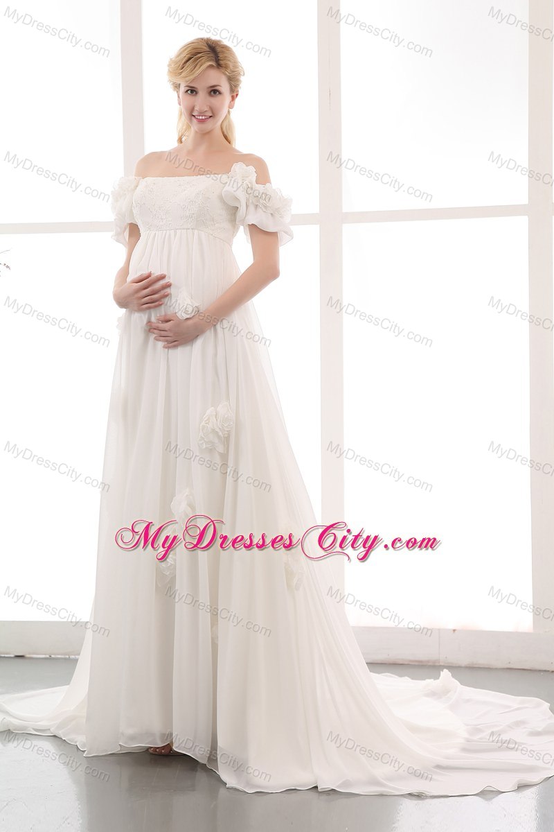 Off The Shoulder Flowers Wedding Gowns with Short Sleeves