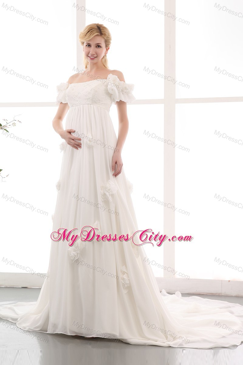 Off The Shoulder Flowers Wedding Gowns with Short Sleeves