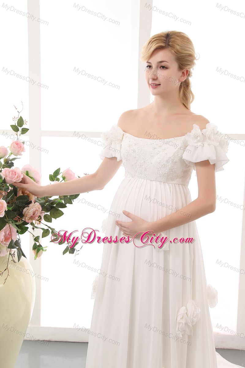 Off The Shoulder Flowers Wedding Gowns with Short Sleeves