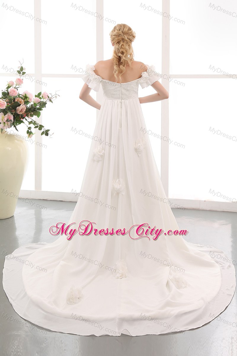 Off The Shoulder Flowers Wedding Gowns with Short Sleeves