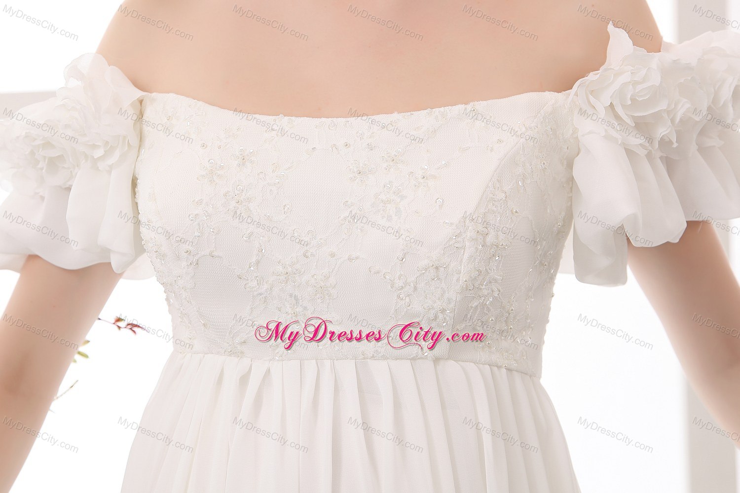 Off The Shoulder Flowers Wedding Gowns with Short Sleeves