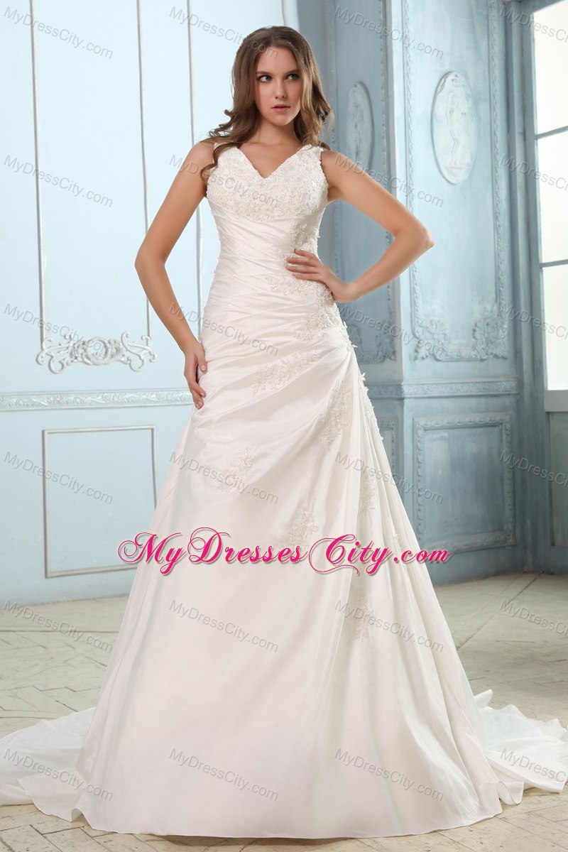 Brand New V-neck Bridal Dresses with Ruches and Appliques