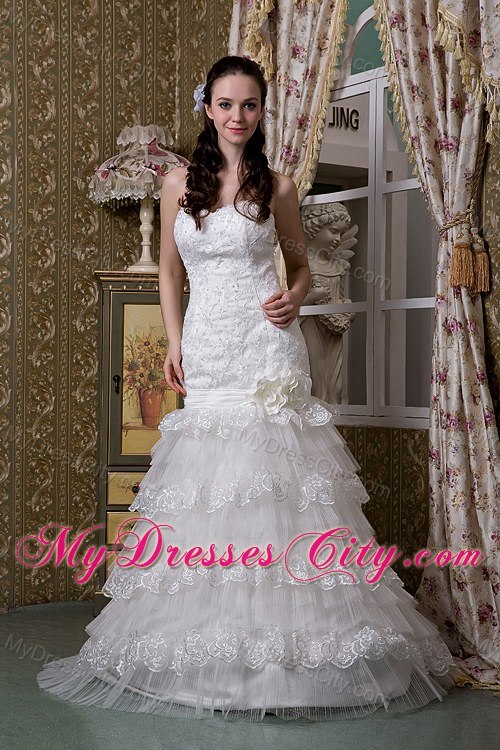 Ruffled Layers Lace Wedding Gowns with Flowers Corset 2013