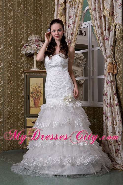 Ruffled Layers Lace Wedding Gowns with Flowers Corset 2013