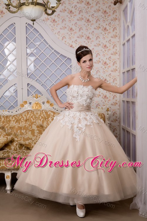 Puffy A-line Strapless Ankle-length Appliques Wedding Gown