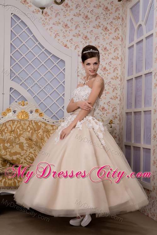 Puffy A-line Strapless Ankle-length Appliques Wedding Gown