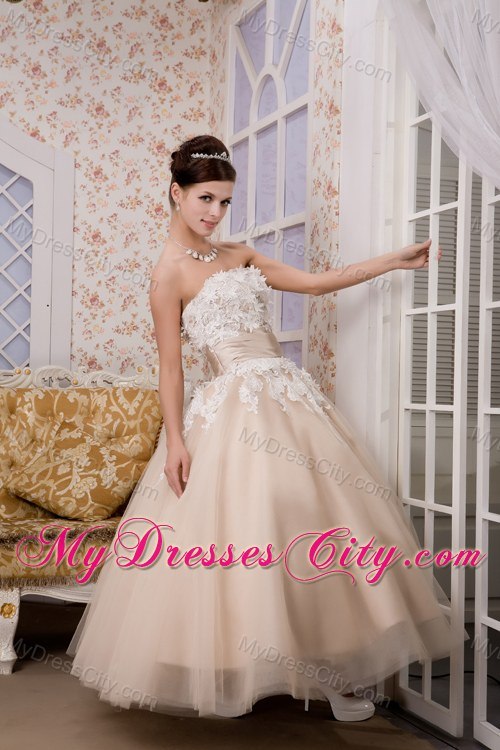 Puffy A-line Strapless Ankle-length Appliques Wedding Gown