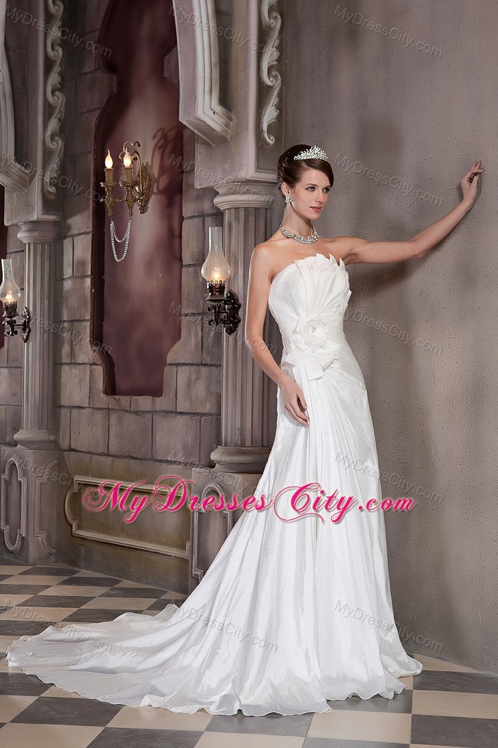 A-line Strapless Court Train Hand Made Flower Wedding Dress