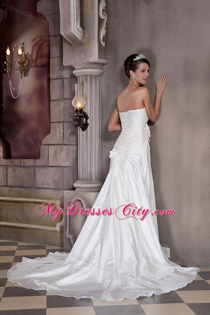 A-line Strapless Court Train Hand Made Flower Wedding Dress