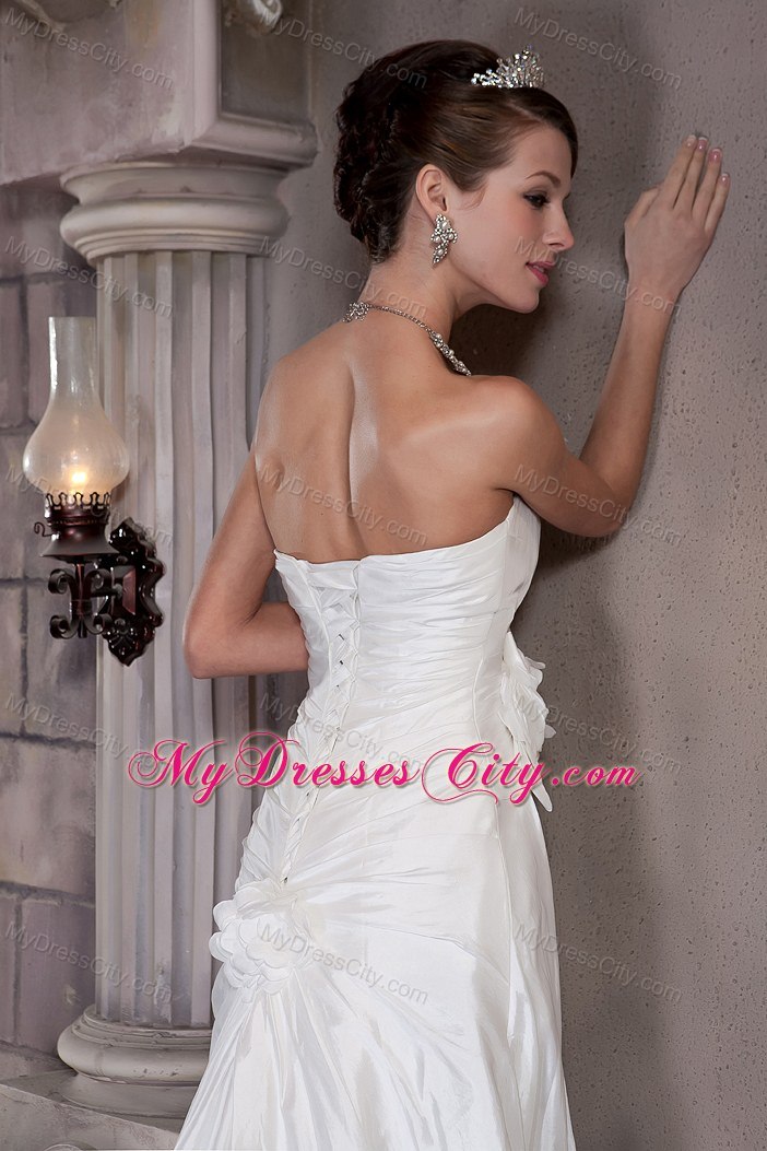 A-line Strapless Court Train Hand Made Flower Wedding Dress