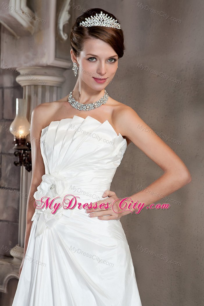 A-line Strapless Court Train Hand Made Flower Wedding Dress