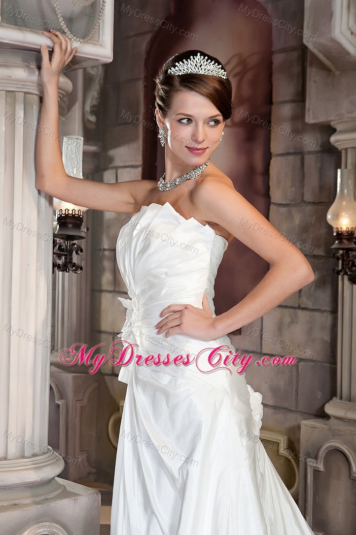 A-line Strapless Court Train Hand Made Flower Wedding Dress