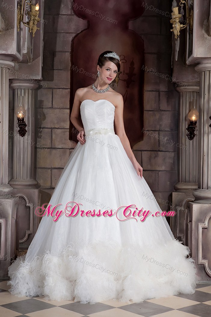 Customized Sweetheart Chapel Train Wedding Dress with Feather